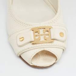 Pre Owned Tory Burch Off White Leather Peep Toe Wedge Pumps Size 40
