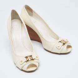 Tory Burch Off White Leather Peep Toe Wedge Pumps Size 40