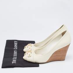 Tory Burch Off White Leather Peep Toe Wedge Pumps Size 40