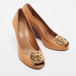 Pre Owned Tory Burch Brown Leather Selma Wedge Pumps Size 39.5 