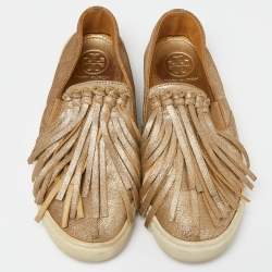 Tory Burch Gold Textured Suede Fringe Detail Slip On Sneakers Size 37.5