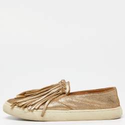 Tory Burch Gold Textured Suede Fringe Detail Slip On Sneakers Size 37.5