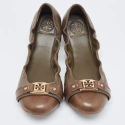 Pre Owned Tory Burch Brown Leather Ambrose Scrunch Ballet Flats Size 40
