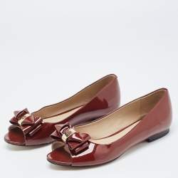 Pre Owned Tory Burch Burgundy Patent Peep Toe Ballet Flats Size 37.5