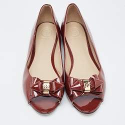 Pre Owned Tory Burch Burgundy Patent Peep Toe Ballet Flats Size 37.5