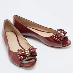 Pre Owned Tory Burch Burgundy Patent Peep Toe Ballet Flats Size 37.5