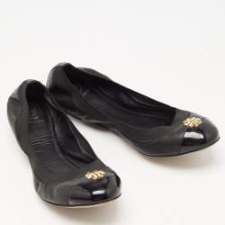 Pre Owned Tory Burch Black Leather Lowell Scrunch Ballet Flats Size 39.5