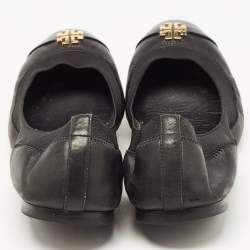 Pre Owned Tory Burch Black Leather Lowell Scrunch Ballet Flats Size 39.5
