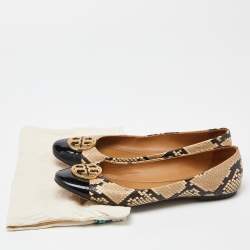 Pre Owned Tory Burch Beige/Brown Python Embossed Leather and Patent Leather Chelsea Ballet Flats Size 41
