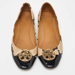 Pre Owned Tory Burch Beige/Brown Python Embossed Leather and Patent Leather Chelsea Ballet Flats Size 41
