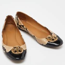 Pre Owned Tory Burch Beige/Brown Python Embossed Leather and Patent Leather Chelsea Ballet Flats Size 41
