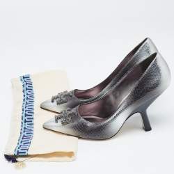 Pre Owned Tory Burch Silver Python Embossed Leather Logo Pumps Size 39