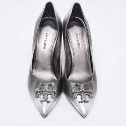 Pre Owned Tory Burch Silver Python Embossed Leather Logo Pumps Size 39
