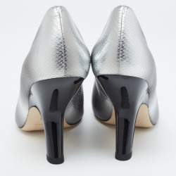 Pre Owned Tory Burch Silver Python Embossed Leather Logo Pumps Size 39