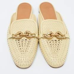 Pre Owned Tory Burch Yellow Woven Leather Loafer Mules Size 38.5 