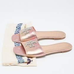 Pre Owned Tory Burch Rose Gold Python Embossed Leather Ines Flat Slides Size 39.5