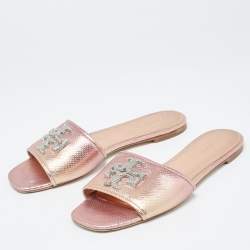 Pre Owned Tory Burch Rose Gold Python Embossed Leather Ines Flat Slides Size 39.5