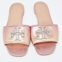 Pre Owned Tory Burch Rose Gold Python Embossed Leather Ines Flat Slides Size 39.5