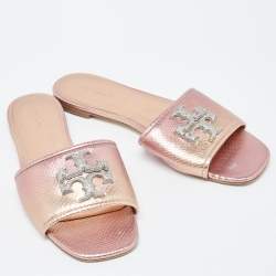 Pre Owned Tory Burch Rose Gold Python Embossed Leather Ines Flat Slides Size 39.5