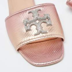 Pre Owned Tory Burch Rose Gold Python Embossed Leather Ines Flat Slides Size 39.5