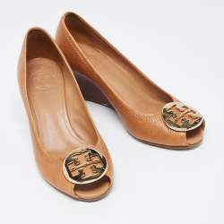 Pre Owned Tory Burch Tan Leather Sally Wedge Pumps Size 36.5