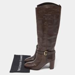Pre Owned Tory Burch Brown Leather Knee Length Boots Size 38.5