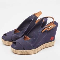 Pre Owned Tory Burch Navy Blue Denim Espadrille Wedge Sandals Size 38.5