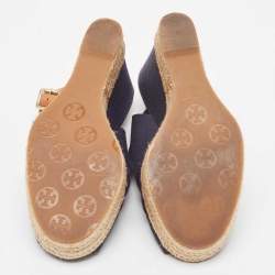 Pre Owned Tory Burch Navy Blue Denim Espadrille Wedge Sandals Size 38.5