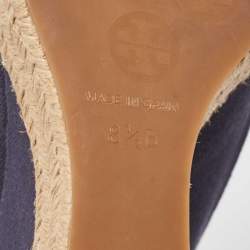 Pre Owned Tory Burch Navy Blue Denim Espadrille Wedge Sandals Size 38.5