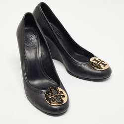 Pre Owned Tory Burch Black Leather Sally Wedge Pumps Size 38.5