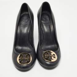 Pre Owned Tory Burch Black Leather Sally Wedge Pumps Size 38.5
