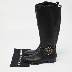 Pre Owned Tory Burch Black Leather Reva Knee Length Boots Size 39