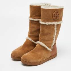 Pre Owned Tory Burch Brown Nubuck and Leather Snow Boots Size 38.5