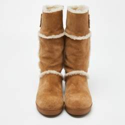 Pre Owned Tory Burch Brown Nubuck and Leather Snow Boots Size 38.5