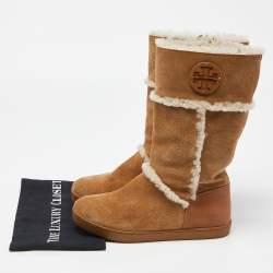 Pre Owned Tory Burch Brown Nubuck and Leather Snow Boots Size 38.5