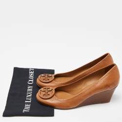 Pre Owned Tory Burch Brown Leather Sally Wedge Pumps Size 40.5