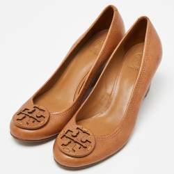 Pre Owned Tory Burch Brown Leather Sally Wedge Pumps Size 40.5