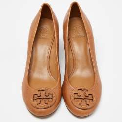 Pre Owned Tory Burch Brown Leather Sally Wedge Pumps Size 40.5