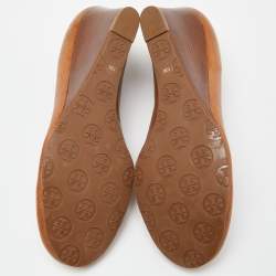 Pre Owned Tory Burch Brown Leather Sally Wedge Pumps Size 40.5
