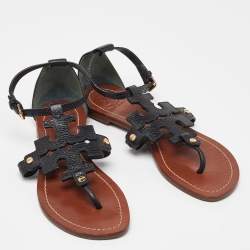 Pre Owned Tory Burch Black Leather Phoebe Flat Sandals Size 37.5