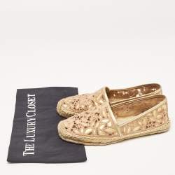 Pre Owned Tory Burch Beige/Gold Lace and Leather Espadrille Flats Size 37