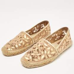 Pre Owned Tory Burch Beige/Gold Lace and Leather Espadrille Flats Size 37