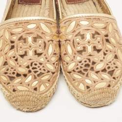 Pre Owned Tory Burch Beige/Gold Lace and Leather Espadrille Flats Size 37