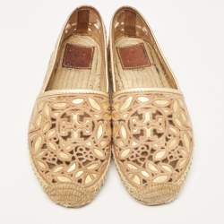 Pre Owned Tory Burch Beige/Gold Lace and Leather Espadrille Flats Size 37