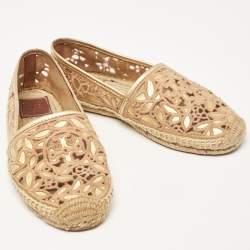 Pre Owned Tory Burch Beige/Gold Lace and Leather Espadrille Flats Size 37
