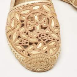 Pre Owned Tory Burch Beige/Gold Lace and Leather Espadrille Flats Size 37