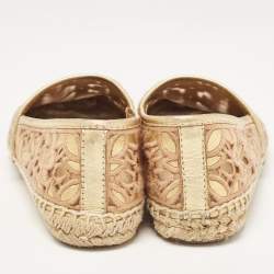 Pre Owned Tory Burch Beige/Gold Lace and Leather Espadrille Flats Size 37