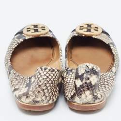 Pre Owned Tory Burch Black/Cream Python Embossed Reva Ballet Flats Size 38.5
