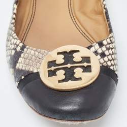 Pre Owned Tory Burch Black/Cream Python Embossed Reva Ballet Flats Size 38.5