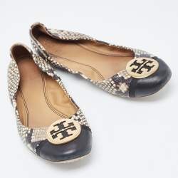 Pre Owned Tory Burch Black/Cream Python Embossed Reva Ballet Flats Size 38.5